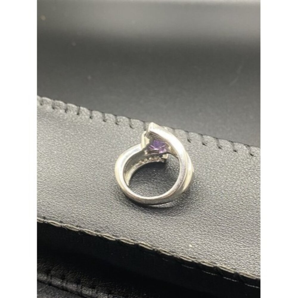 Amethyst Silver Tone Bypass Ring 2 Rows of CZ's Chunky 6.9 grams Size 6 - Picture 4 of 7